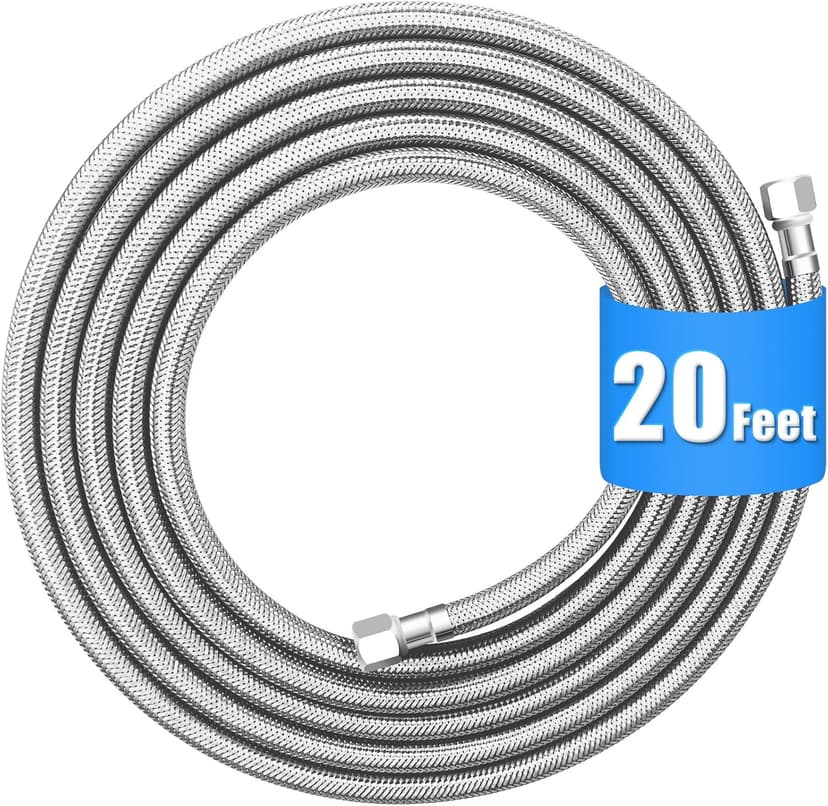 Refrigerator water line - 20 FT Premium Stainless Steel Braided Ice Maker Water Hose,Food grade PEX Inner Tube Fridge Water Line with 1/4" Fittings for Refrigerator Ice Maker