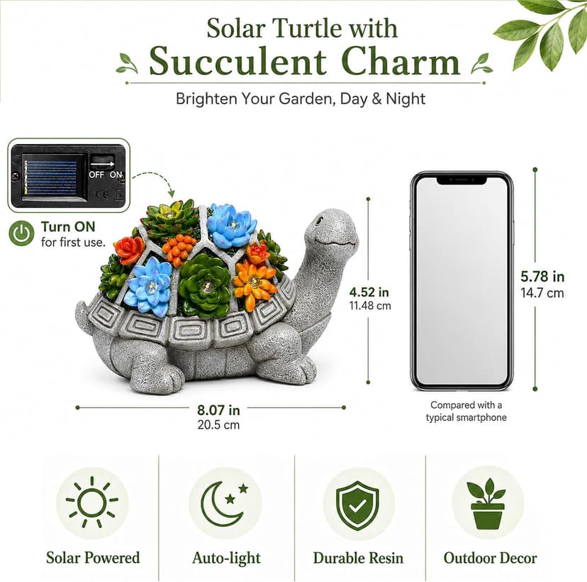 Nacome Solar Garden Outdoor Statues Turtle with Succulent and 7 LED Lights - Lawn Decor Tortoise Statue for Patio, Balcony, Yard Ornament - Unique Housewarming Gifts