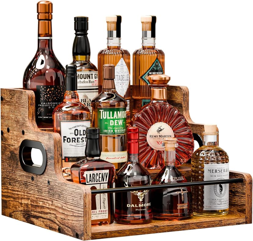 KLM Liquor Bottle Display Shelf, Coffee Syrup Rack Organizer, 3 Step Countertop Liquor Wine Rack, mini bar,liquor cabinet, Home Retro Bar Shelf Stand for Liquor Whiskey, Spirits B0D8TFHH3F