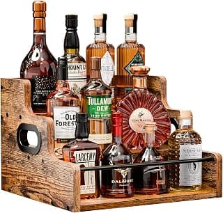 KLM Liquor Bottle Display Shelf, Coffee Syrup Rack Organizer, 3 Step Countertop Liquor Wine Rack, mini bar,liquor cabinet, Home Retro Bar Shelf Stand for Liquor Whiskey, Spirits B0D8TFHH3F