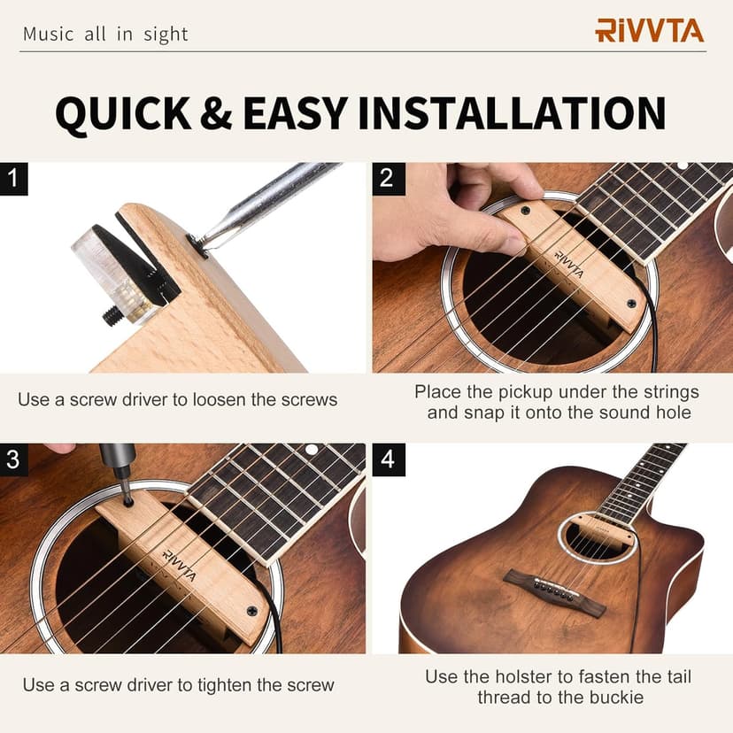 RIVVTA Acoustic Guitar Pickup Guitar Pickups Acoustic Pickup with Volume Tone Control for Standard Steel String Acoustic Guitars(Natural Beech)