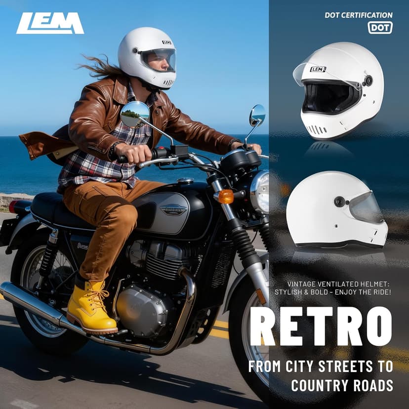LEM Motorcycle Helmet Full Face for Men and Women, Retro Vintage Classic Open Face Style, Lightweight Fiberglass Shell, DOT Certified, for Cruiser, Cafe Racer, Scooter, Commuter (White, Size XL) Kick