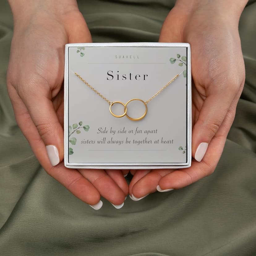 Suavell Sister Necklace - Sterling Silver Interlocking Double Circle Necklace - Birthday Gift for Sister - Maid of Honor Gift