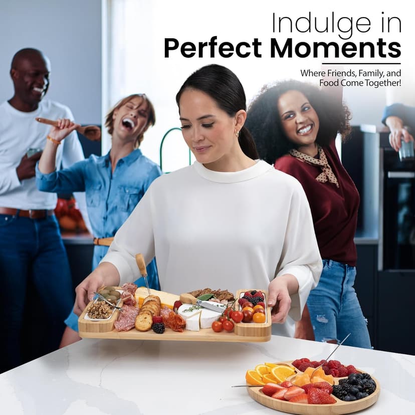 Meat Cheese Platter, Movie Nights, Family Gatherings, BBQ Picnic Essentials, Dinner Party Hosting Appetizer, Wine Nights Charcuterie Boards Set, Bamboo Cheese Tray with Serving Accessories B0CJH76S39
