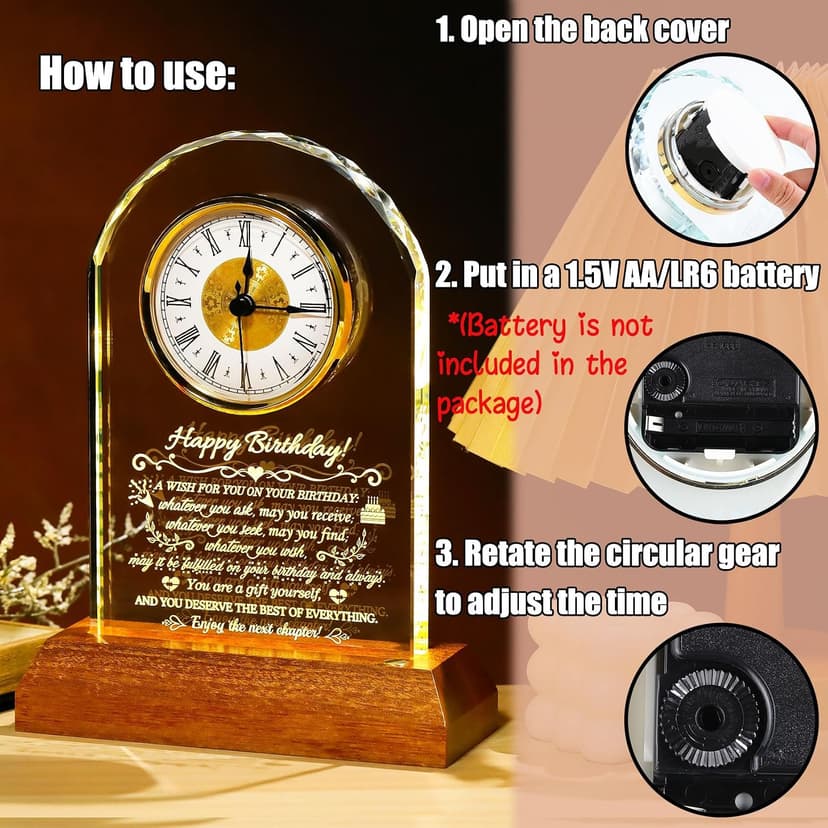 Unique Birthday Keepsake, Wooden LED Light Base, Presents for Daughter Son Mom Dad Granddaughter Friends, Home Office Decor Arikyrist Happy Birthday Gifts for Women Men Glass Quartz Clock for Him Her B0GJ4XSTVF