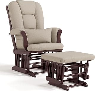 Storkcraft Tuscany Custom Glider and Ottoman with Free Lumbar Pillow (Espresso/Taupe Swirl) - Cleanable Upholstered Comfort Rocking Nursery Chair with Ottoman