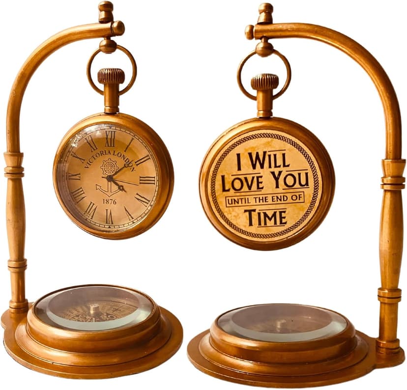 ALADEAN Brass Table Clock with Compass | Romantic Desk Clock - Decorative Vintage Mechanical Clock Lovers Boyfriend/Husband Birthday/Wedding Gifts (Love You)