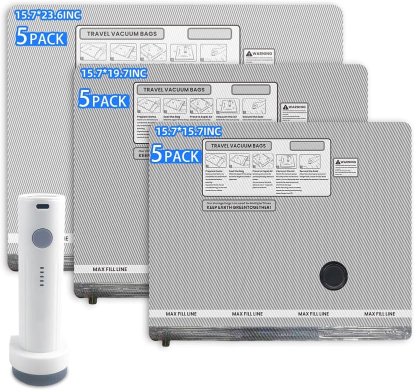 15 Pack Travel Vacuum Bags for Clothing with Rechargeable Electric Pump，Travel Vaccine Sealed Storage Bag for Clothes Suitcase