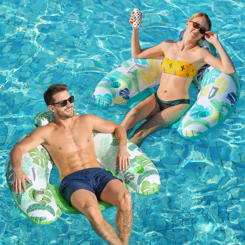 2 Pack Inflatable Pool Float Chair, Floating Pool Chair Adults Pool Lounger Float with Cup Holder & Handles Water Floats for Adults Lake Chair Floats for Swimming Pool River Beach Party