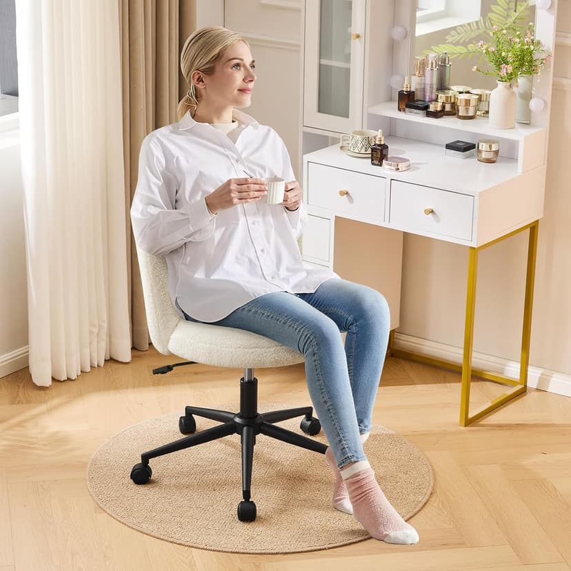 Furniliving Velvet Vanity Chair with Wheels, Adjustable Height Swivel Desk Chair& Lumbar Support, Armless Upholstered Makeup Chair for Bedroom Home Office Study Room (White, Flower)