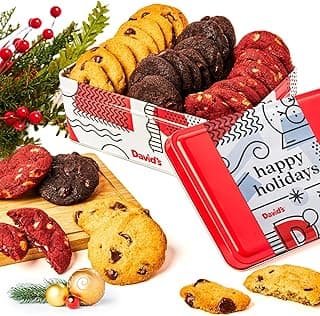 David's Cookies Happy Holidays Mini Cookies in Sweet Sampler Tin - Assorted Mini Christmas Cookies with Chocolate & White Chocolate Chip and Red Velvet - Gourmet Cookie Gift Basket for Christmas 14oz