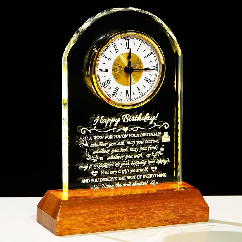 Unique Birthday Keepsake, Wooden LED Light Base, Presents for Daughter Son Mom Dad Granddaughter Friends, Home Office Decor Arikyrist Happy Birthday Gifts for Women Men Glass Quartz Clock for Him Her B0GJ4XSTVF