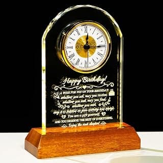 Unique Birthday Keepsake, Wooden LED Light Base, Presents for Daughter Son Mom Dad Granddaughter Friends, Home Office Decor Arikyrist Happy Birthday Gifts for Women Men Glass Quartz Clock for Him Her B0GJ4XSTVF