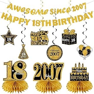 11Pcs 18th Birthday Decorations Kit for Men Women, Black Gold Happy 18th Birthday Banner, Awesome Since 2007 Centerpieces Swirls Party Supplies, Eighteen Bday Banner Ceiling Table Topper Sign