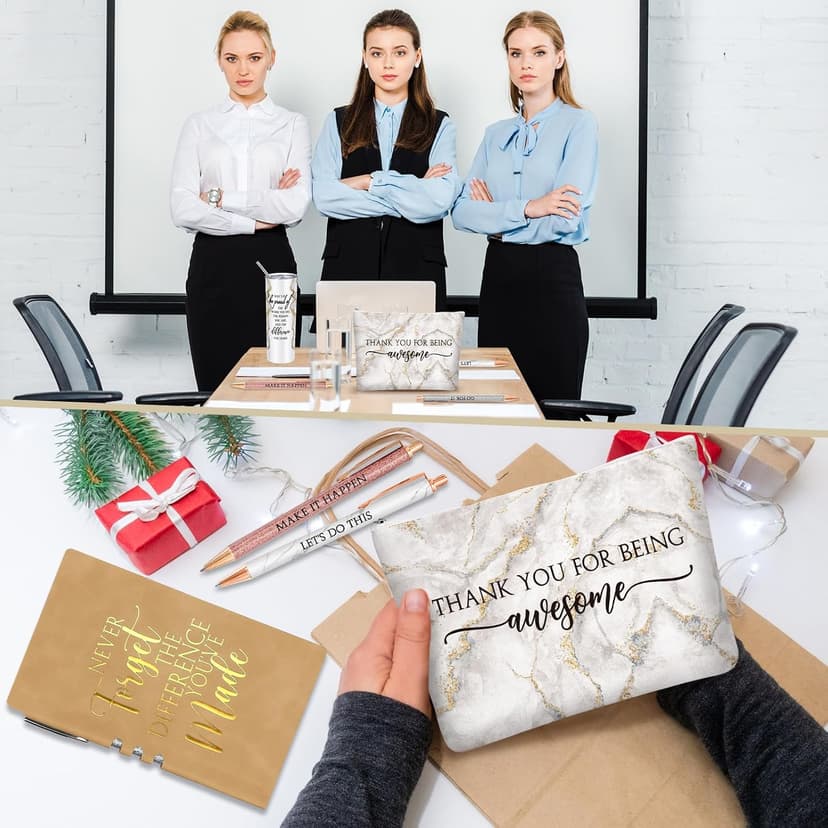 Female Thank You Work Anniversary May You Be Proud 20oz Tumbler Makeup Bag Journal Gift for Boss Teacher Custodian Customer Domensi 6 Pcs Employee Appreciation Gift Set for Women, White B0CHYMKWLB
