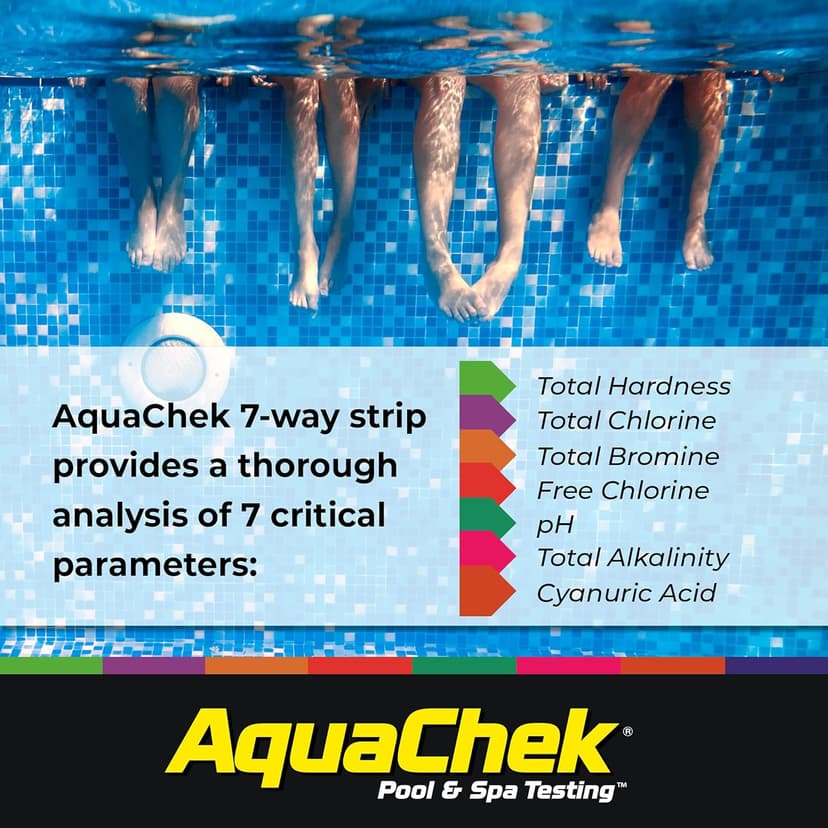 AquaChek 7-Way Pool and Spa Test Strips - Silver Pool Test Strips For pH, Total Chlorine, Free Chlorine, Bromine, Alkalinity, Total Hardness, and Cyanuric Acid - Water Quality Testing Kit (100 Strips)