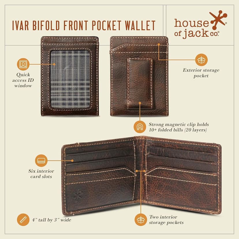 House of Jack Co. Ivor Bifold Money Clip Wallet for Men, Slim Front Pocket Wallet with Strong Magnetic Clip, Exterior ID Window, Full Grain Cowhide, Brown