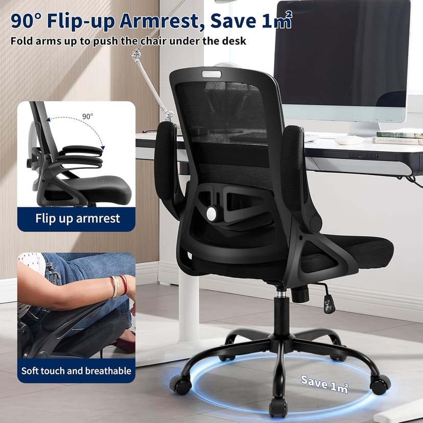 Ergonomic Office Chair, Desk Chair with Adjustable Lumbar Support, Breathable Mesh Comfy Computer Chairs with Flip-up Armrests Executive Task Chair for Adults Home Office(Black)