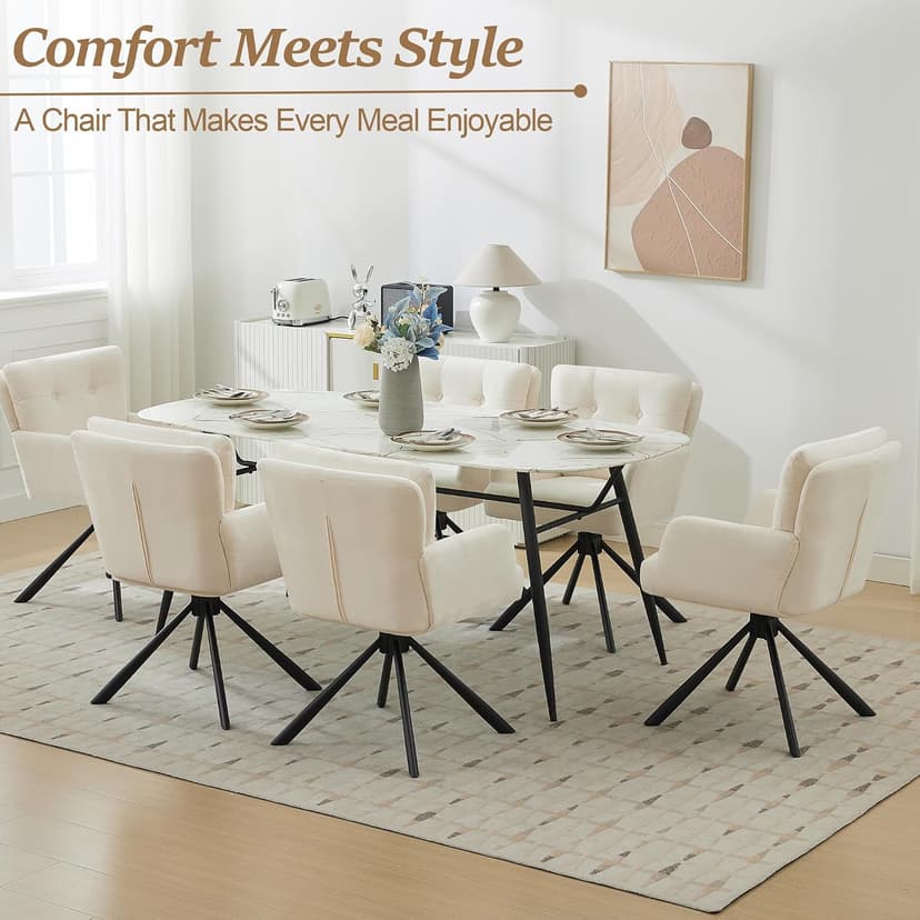 WUTUTUEE Fabric Dining Chair Modern Upholstered Swivel Dining Room Chairs Comfy Accent Armchair with Mid Back, Desk Arm Chair No Wheels for Kitchen/Living Room/Home Office, White