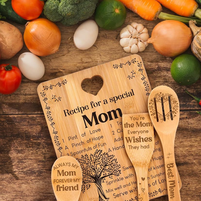 4-Piece Engraved Bamboo Mom Mother Mommy Cutting Board Set from Daughter or Son for Birthdays, Christmas, Mother's Day Birthday Gifts for Mom, "Recipe for a Special Mom" Cutting Board Set B0CXXM43B5