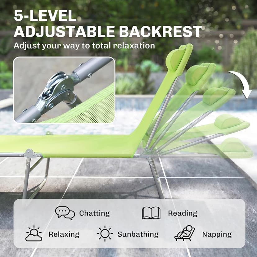 Outsunny Folding Chaise Lounge Pool Chairs, Outdoor Sun Tanning Chairs with Pillow, Reclining Back, Steel Frame & Breathable Mesh for Beach, Yard, Patio, Green