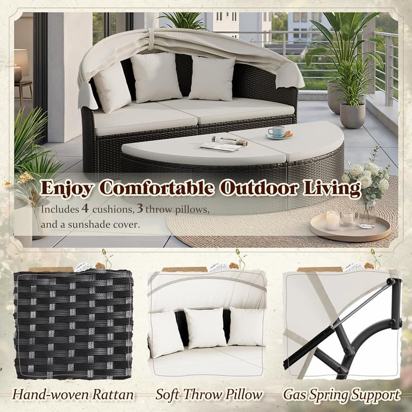 Devoko Patio Furniture Outdoor Round Daybed with Retractable Canopy Wicker Rattan Separated Seating Sectional Sofa for Patio Lawn Garden Backyard Porch