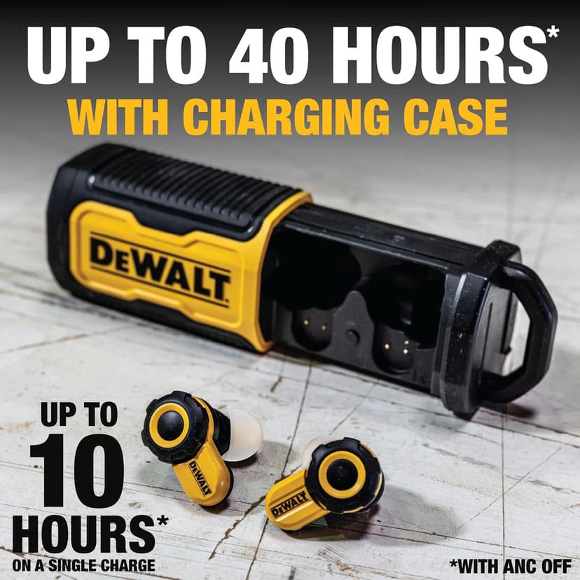 DEWALT Heavy Duty Bluetooth Jobsite Pro X2 ANC True Wireless Earbuds, Active Noise Cancelling Work Earbuds, Turn Dial Controls, 10Hr Runtime (40+ w/Case), 4 EQ Modes, IP54