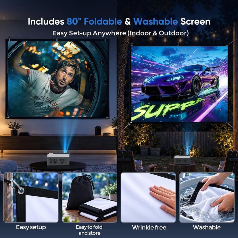 TMY Mini Projector, Upgraded Bluetooth Projector with Screen, 1080P Full HD Portable Projector, Movie Projector Compatible with TV Stick Smartphone/HDMI/USB, indoor & outdoor use