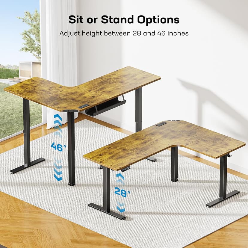 HUANUO 63″ L-Shaped Standing Desk, Built-in Power Outlets, Electric Height Adjustable Corner Computer Desk, Large Power Strip Holder, Sit Stand Up Desk with 3 Preset Heights, Vintage Brown