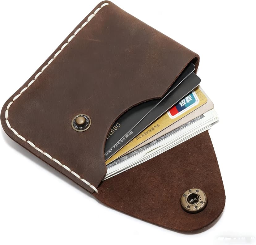 Handmade Handmade Genuine Leather Card Holder with Snap Closure - Ultra Slim Minimalist Wallet, Hand-Stitched Compact Front Pocket Card Case for Men & Women (Dark Coffee)