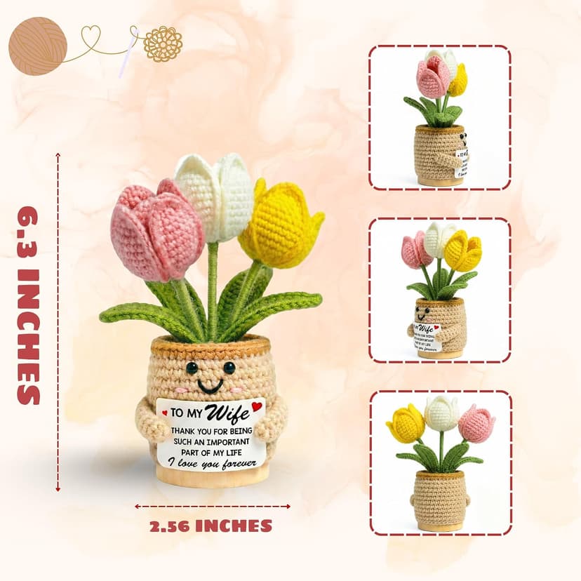 Christmas Mothers Day Birthday Gifts for Wife - 6.3'' x 2.56'' Positive Support Cotton Milk Wool Tulip Crochet Gifts for Wife from Husband - Wedding Anniversary Christmas Birthday Gifts B0FZTMTRK1