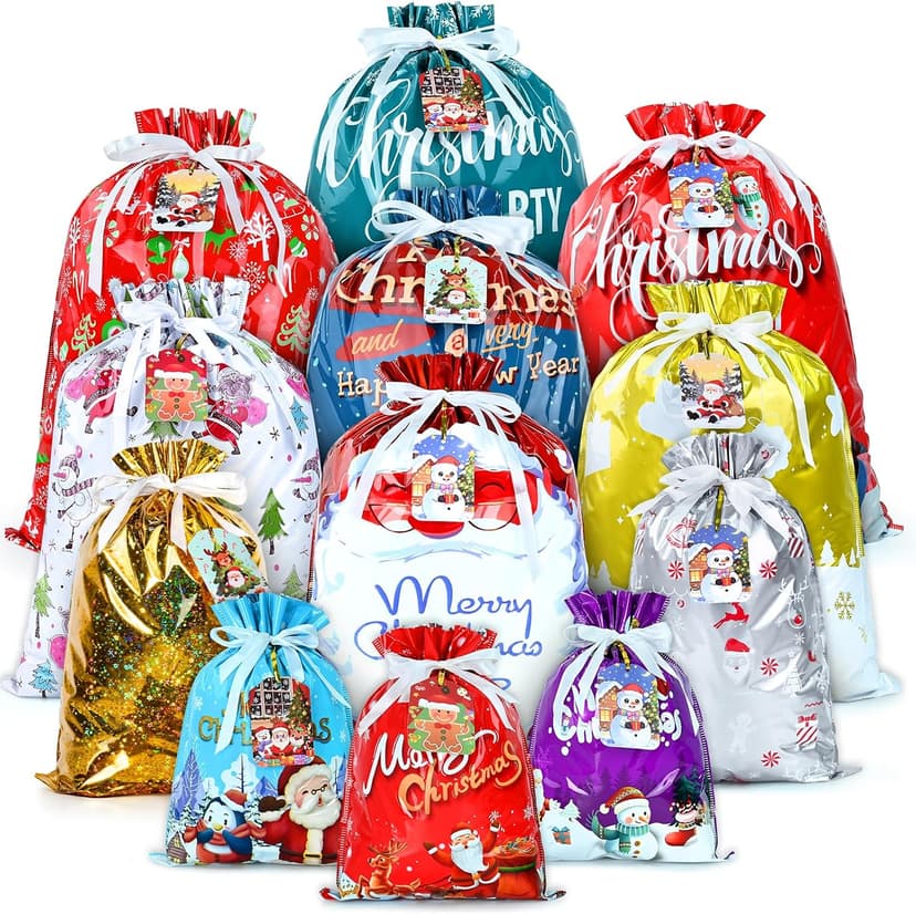 14 Styles Colorful Xmas gifts Bags with 20 Cards for Gifts Holiday Present Wrapping Xmas Decor 20 Pcs Christmas Drawstring Gift Bags, Assorted Sizes with More Large Bag. B0H7MP6FX5