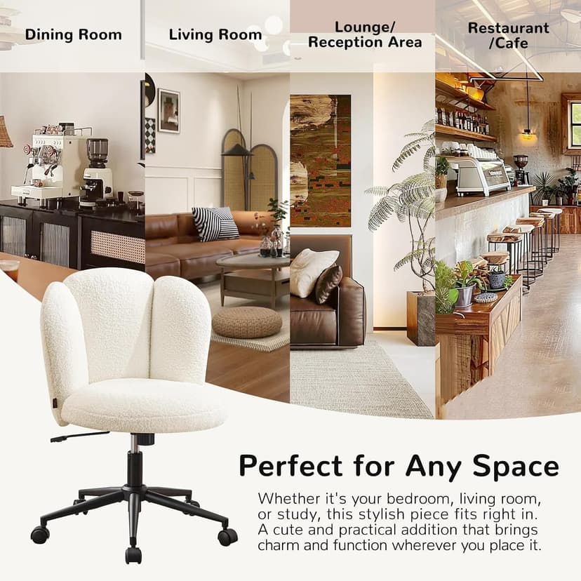 Furniliving Velvet Vanity Chair with Wheels, Adjustable Height Swivel Desk Chair& Lumbar Support, Armless Upholstered Makeup Chair for Bedroom Home Office Study Room (White, Flower)