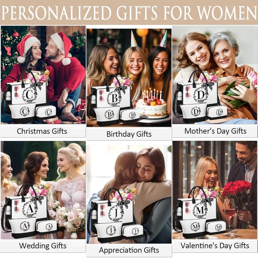 Personalized Christmas Gifts for Women, Initial Canvas Tote Bag & Makeup Bag Monogrammed Beach Tote Bags for Women w/Zipper, Birthday Gifts for Mom Her Sister Friend Girlfriend Wife Daughter Teacher