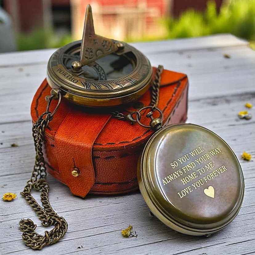 Love You Forever Engraved Sundial Compass with Leather Case – Inspirational Gift for Traveler, Adventurer, Groom, Baptism, Wedding or Him | Vintage Brass Navigation Compass