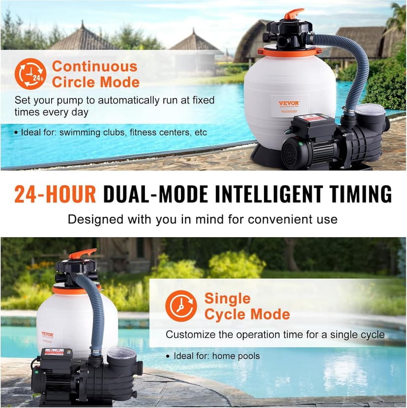 VEVOR 14-inch Sand Filter Pump for Above Ground, Digital Programmer Timer, 3000 GPH, 3/4 HP Pool Pumps System & Filters Combo Set with 6-Way Multi-Port Valve & Strainer Basket, Easy Installation