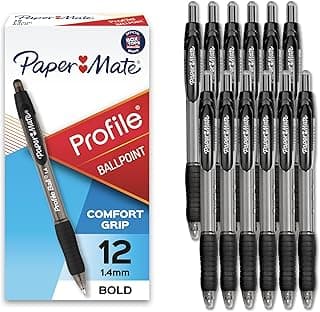 Paper Mate Profile Retractable Ballpoint Pens, Bold Point (1.4mm), Black Ink, 12 Count - Writing, Journaling, Office Supplies