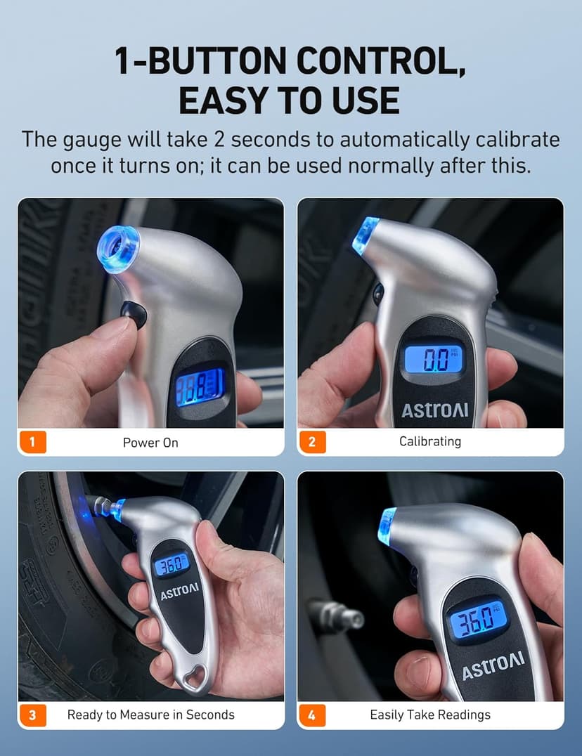 AstroAI Digital Tire Pressure Gauge 0-150PSI Calibrated to ANSI B40.7 +/-1PSI, Accurate in 0.1 Increments, 4 Units for Car Truck Bicycle with Backlight LCD, Silver