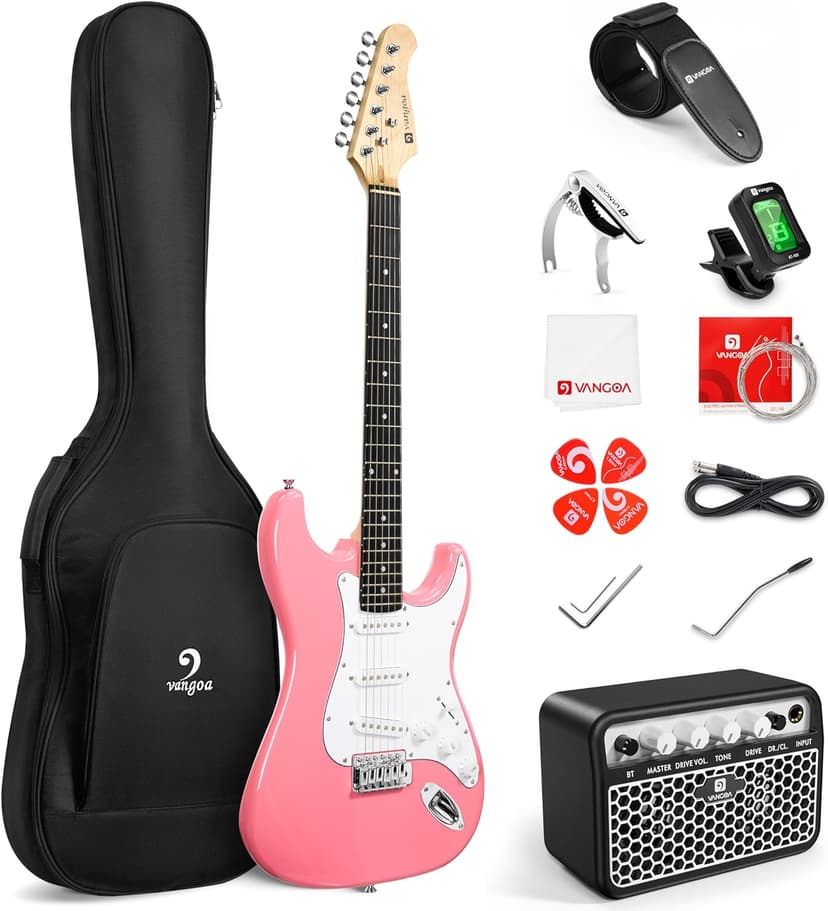Vangoa 39 Inch Full Size Electric Guitar Beginner Kit Solid Body SSS Pickups with Amp, Bag, Tremolo Bar, Strings, Tuner, Picks, Strap, Capo, Cable for Starter Girls Adults Teens, Petal Pink