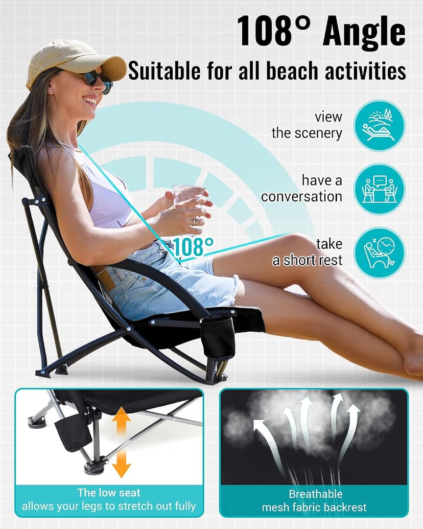 KingCamp Low Beach Chair, High Back Folding Camping Chair for Adults, Oversized Breathable Mesh Seat, 300lbs Heavy Duty Portable Chair with Cup Holder & Storage Pockets for Beach, Outdoor