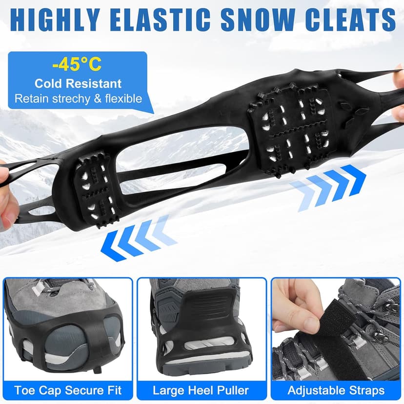 JSHANMEI Ice Cleats, Crampons Snow Traction Ice Cleats for Shoes and Boots Women Men, Non Slip Grippers Spikes for Shoes with Straps, Slip-on Rubber Overshoe Stretch Footwear for Winter Walking Hiking Fishing