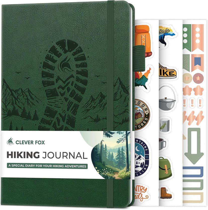 Travel & camping diary, nature adventure record book, 5.8 x 8.3 in eco leather notebook, gift for hikers & campers Clever Fox Hiking Journal for Women & Men, Trail Log Book, Forest Green B0DWSW8XN7
