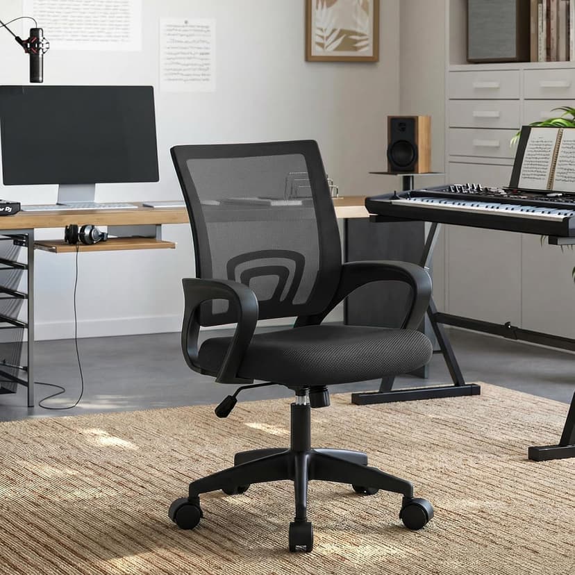 Magshion Ergonomic Office Desk Chair, Mid-Back Mesh Computer Chair, Swivel Chair with Breathable Backrest & Lumbar Support, Adjustable Height for Gaming, Work, Study, 300 Lbs Capacity, Black