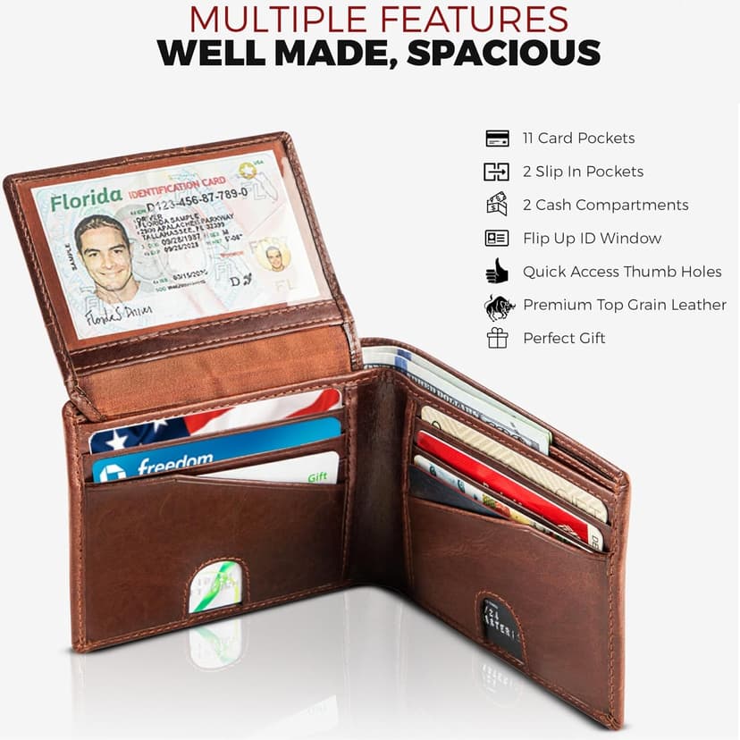 BULL GUARD Mens RFID Blocking Bifold Wallet Soft Genuine Leather Brown Western | Secure and Durable Extra Capacity Billfold with 11 Credit Cards, Flip Up ID
