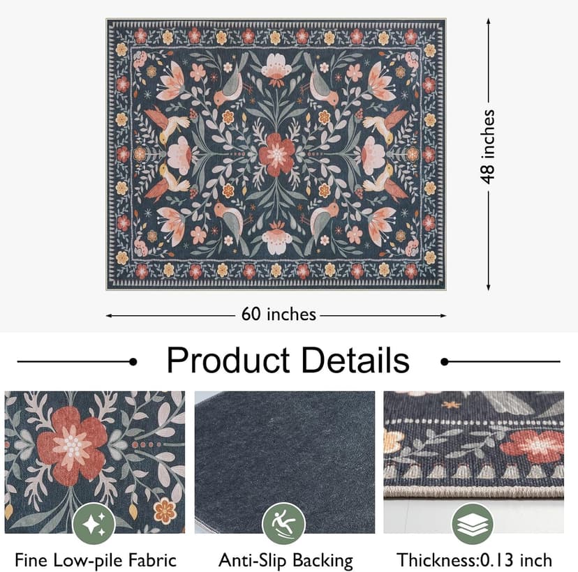 Anidaroel 48"x60" Office Chair Mat for Hardwood Floor/Tile, Black Floor Mat for Office Chairs, Anti-Slip Floral Under Desk Rug for Rolling Chairs, Bird Bug Low Pile Desk Chair Mats for Hardwood