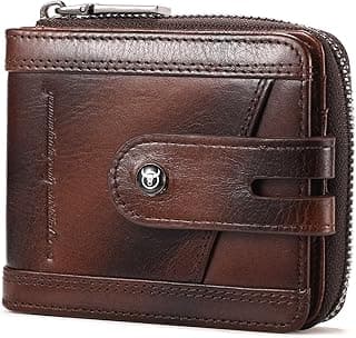 BULLCAPTAIN Genuine Leather Men's Wallet with Zipper Vintage RFID Blocking Large Capacity Wallet for Men with 14 Credit Card Slots and 1 ID Window T23 (Coffee)