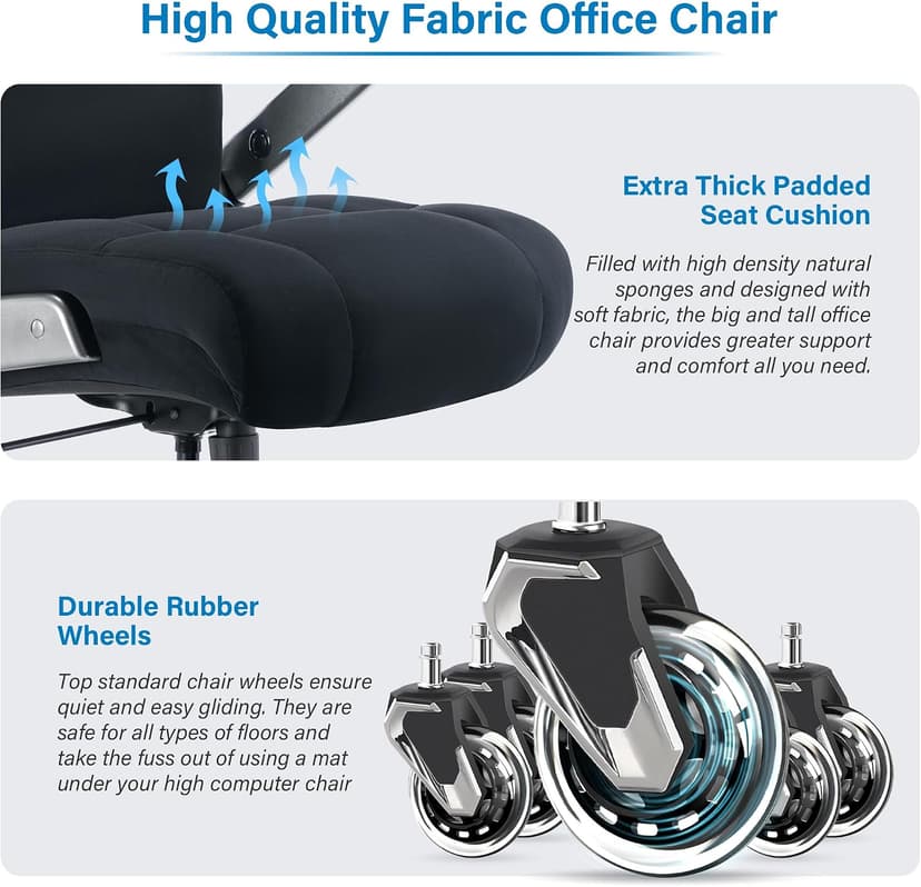 Big and Tall Office Chair 700lbs- Executive Desk Chair with Adjustable Lumbar Support 3D Flip UP Arms- Heavy Duty Quiet Wheels Metal Base Ergonomic Computer Chairs, Black