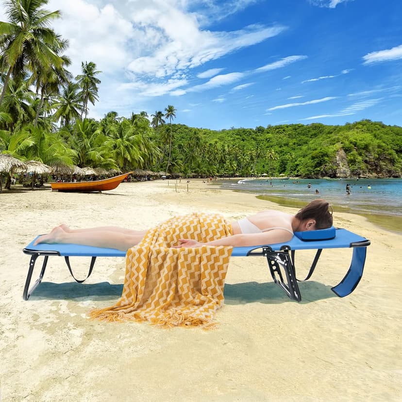 GYMAX Tanning Chair, 330lbs Beach Lounge Chair with Face Hole, Washable Pillow & Carry Strap, Adjustable Folding Chaise Lounge, Layout Lounger for Outside, Patio, Poolside, Lawn (1, Blue)