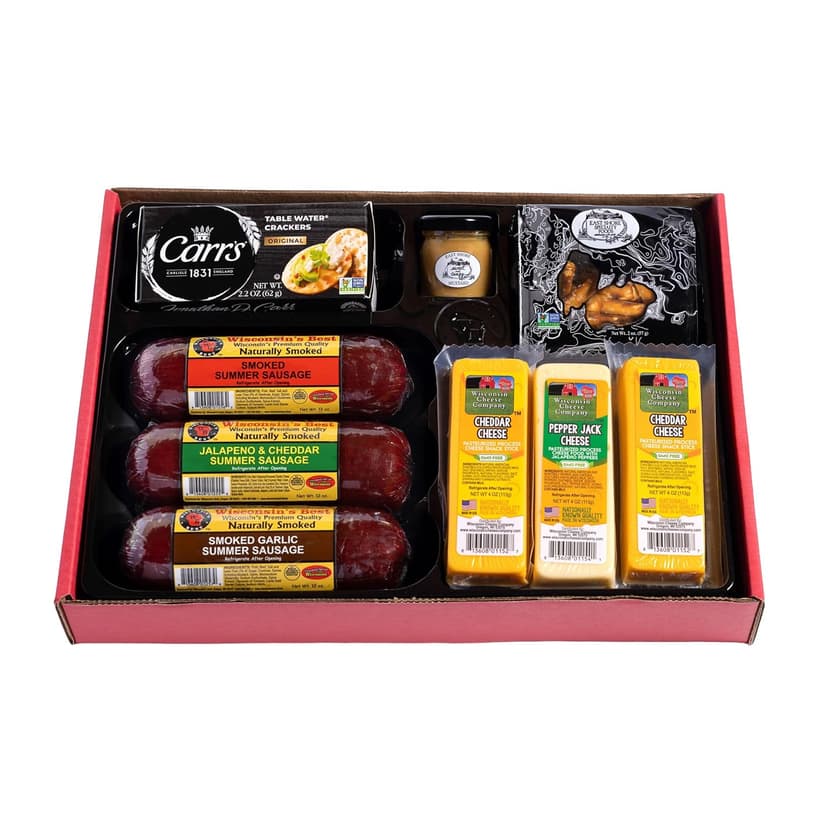 Wisconsin Cheese Company - Ultimate Cheese & Meat Holiday Gift Box - Smoked Summer Sausages, 100% Wisconsin Cheese, Crackers, Pretzels & Mustard | Perfect for Parties, Charcuterie Boards, and Holiday Gifts