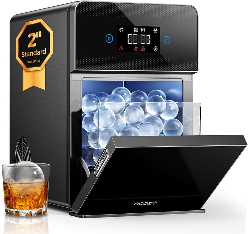 ecozy 2" Clear Ice Ball Maker Countertop with CrystalFlux Technology, 4 pcs in 40 Mins, 144 pcs/Day, Sphere Ice Maker with Automatic Water Supply, Self-Cleaning, Enhanced Insulation for Whiskey Bar